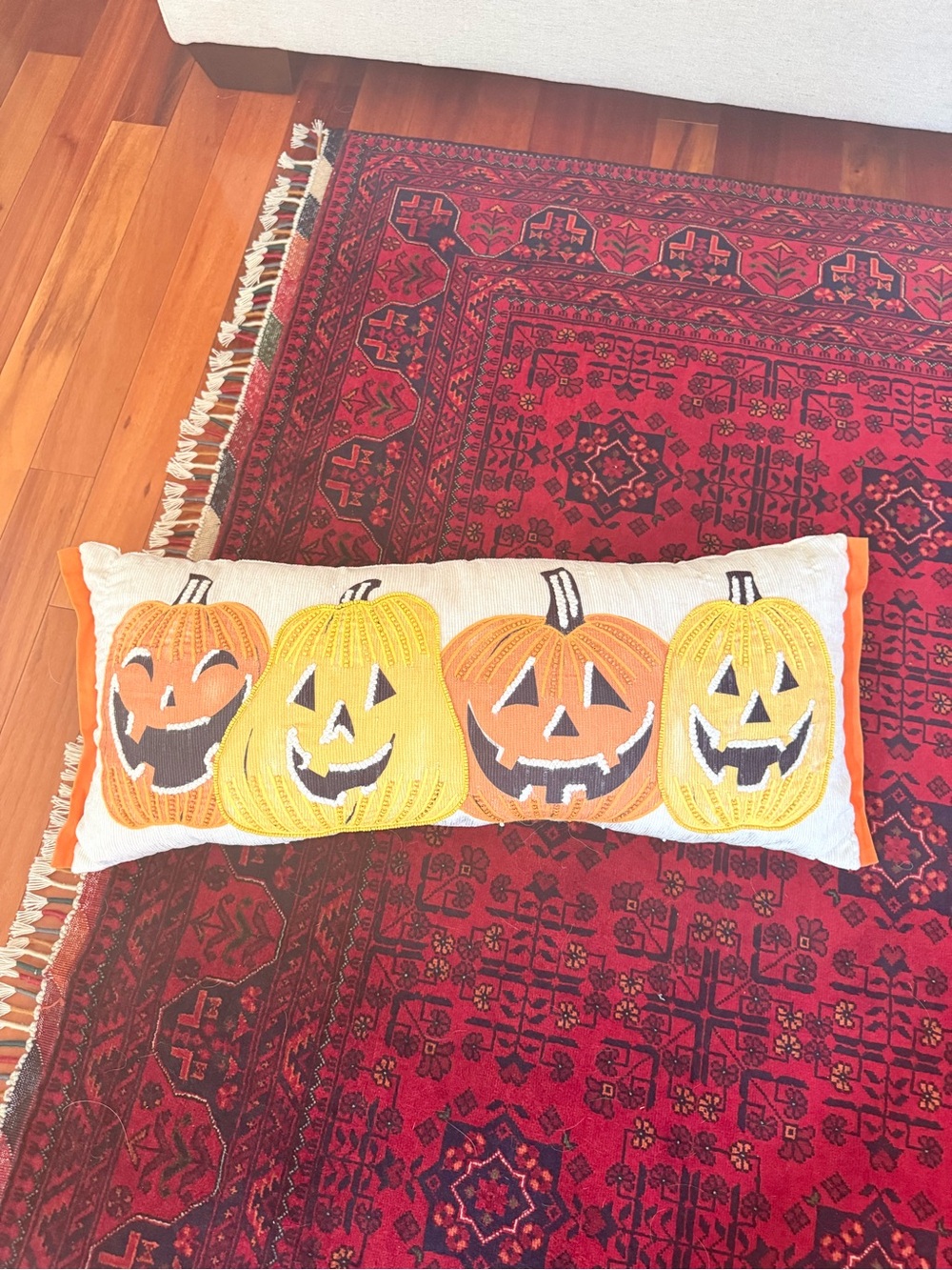 Halloween Beaded Pumpkin Lumbar Pillow - Orange and Yellow